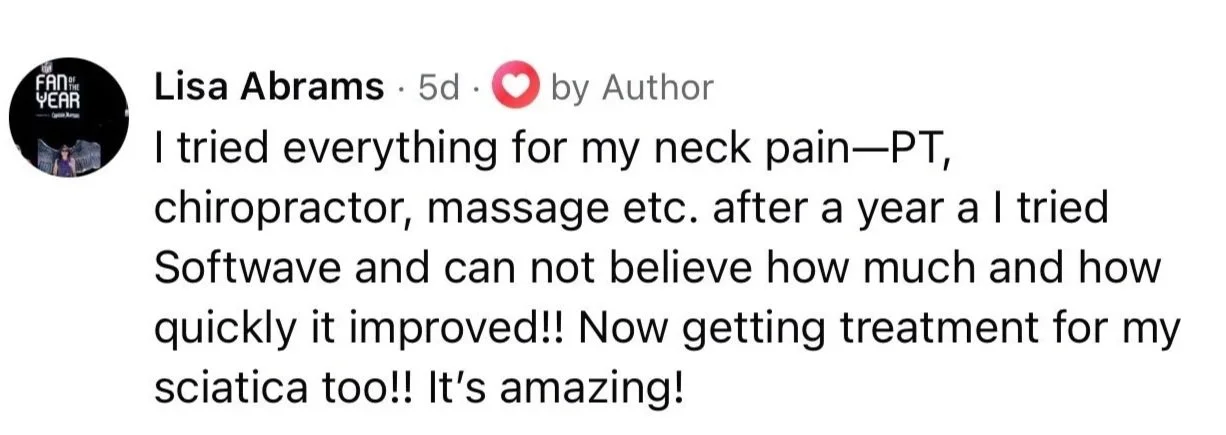 Screenshot of a social media post by Lisa Abrams, praising her improvement in neck pain after trying different treatments like PT, chiropractor, massage, and Software, with her updated progress.