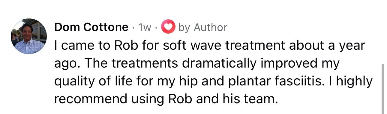 Screenshot of a review by Dom Cottone praising Rob for soft wave treatment for hip and plantar fasciitis