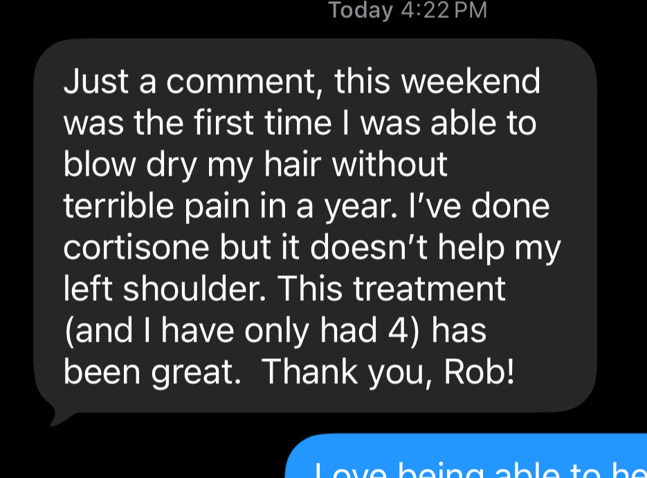 Text message conversation discussing positive experience with treatment for shoulder pain and hair styling.