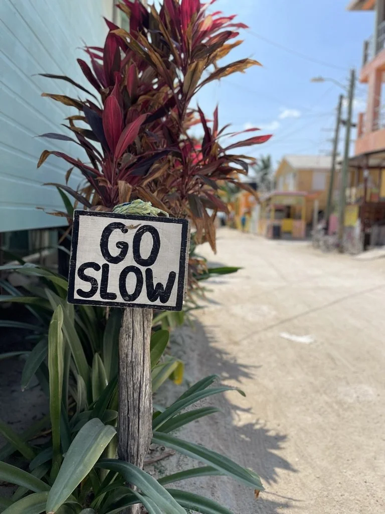 Ein Schild auf der Insel Caye Caulker auf dem GO SLOW steht