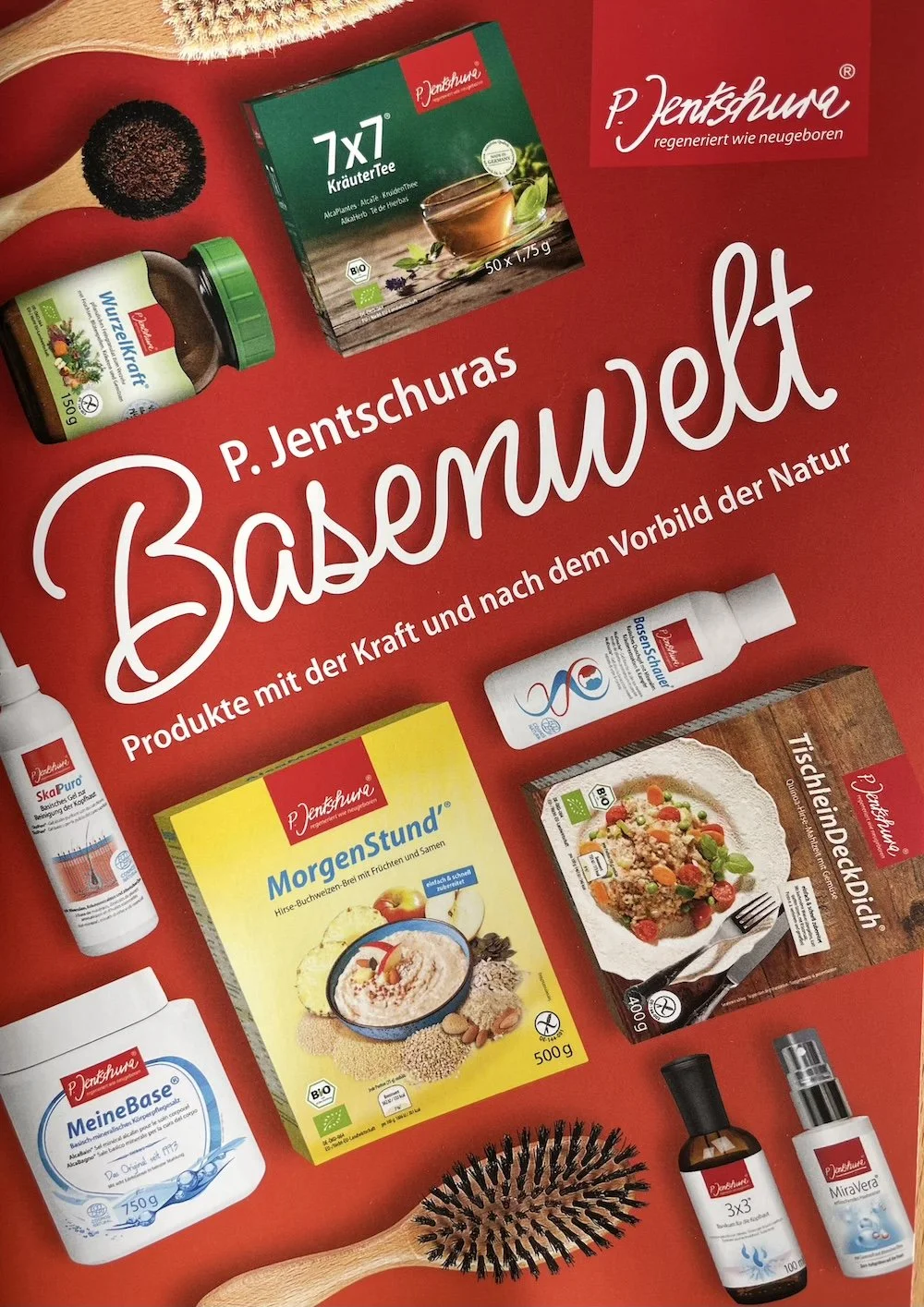 Eine Produktübersicht von P.Jetschura mit unter anderem 7x7 Kräutertee, Badesalz und Wurzelkraft