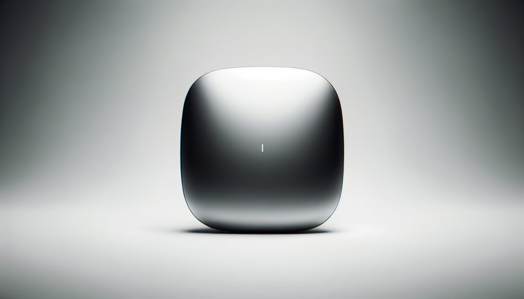 A sleek, black, square-shaped electronic device with rounded edges, standing on a light surface against a blurred gradient background.