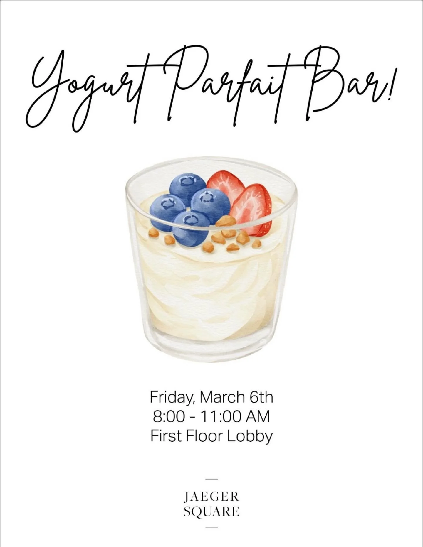 Don&rsquo;t forget to join us tomorrow morning in the first floor lobby! Build your own parfait - choose from different yogurt flavors and toppings 🩷