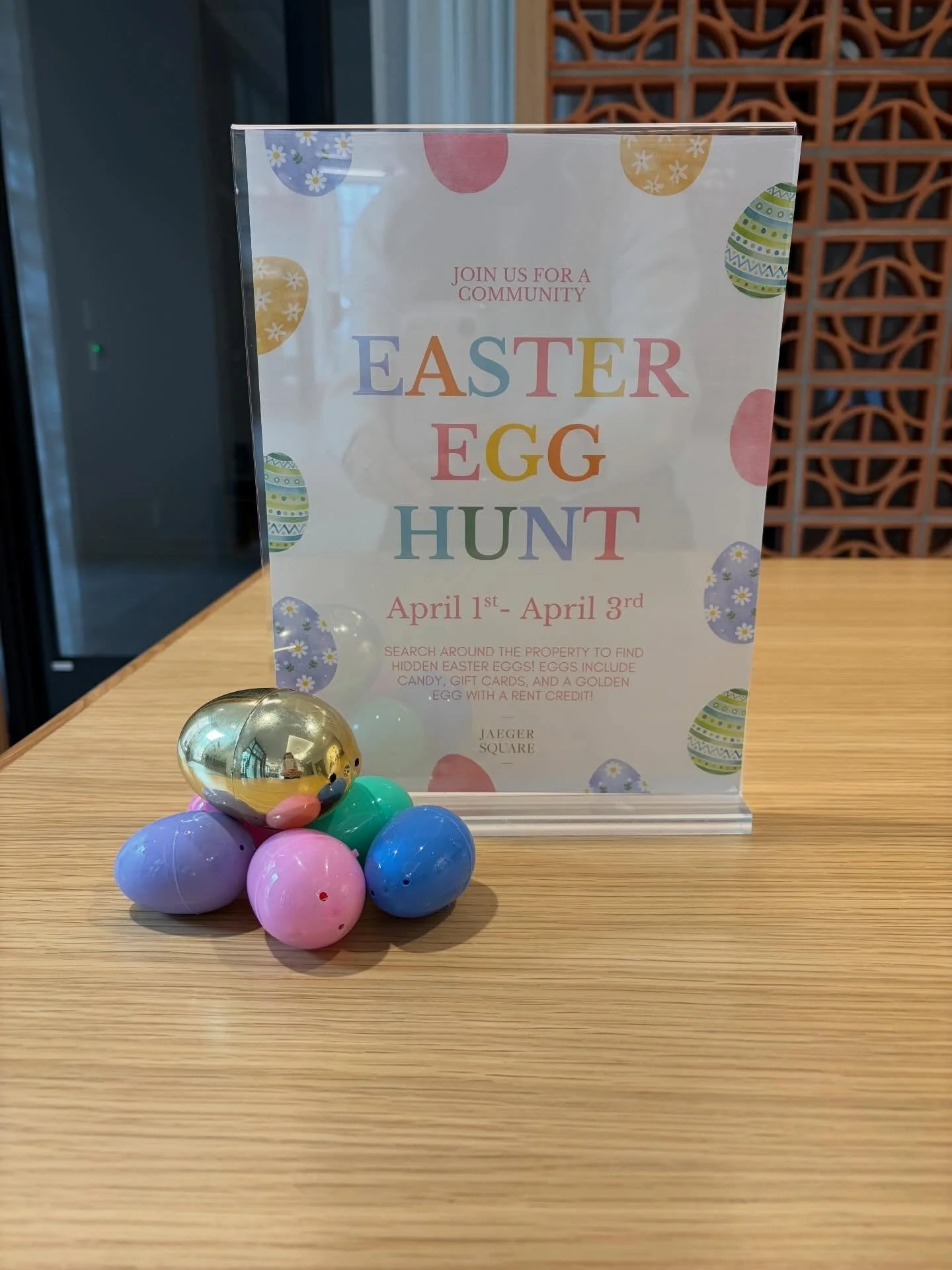 Be on the lookout tonight and tomorrow morning for some Easter Eggs! 

Eggs are filled with candy and gift cards, and a golden egg contains a rent credit. They will be all over the interior spaces of the property!

Check our store for some hints! 🤩
