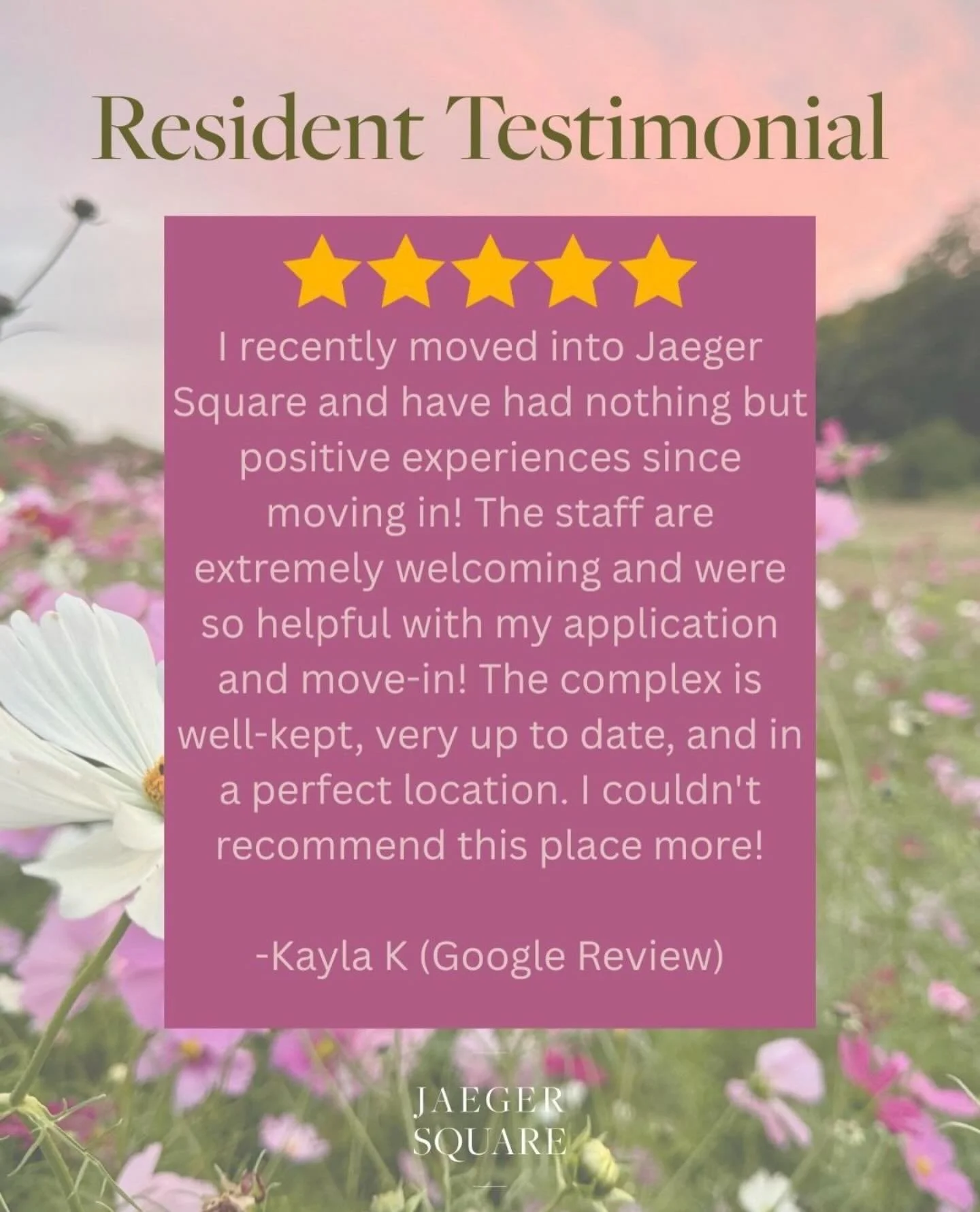 We are so grateful for all of our residents here at Jaeger Square 🤍🌸💗

Thank you to Kayla for leaving the kind words about our staff. Our team strives to make Jaeger Square the perfect home! 

Want to check us out? Schedule your tour at jaeger squ