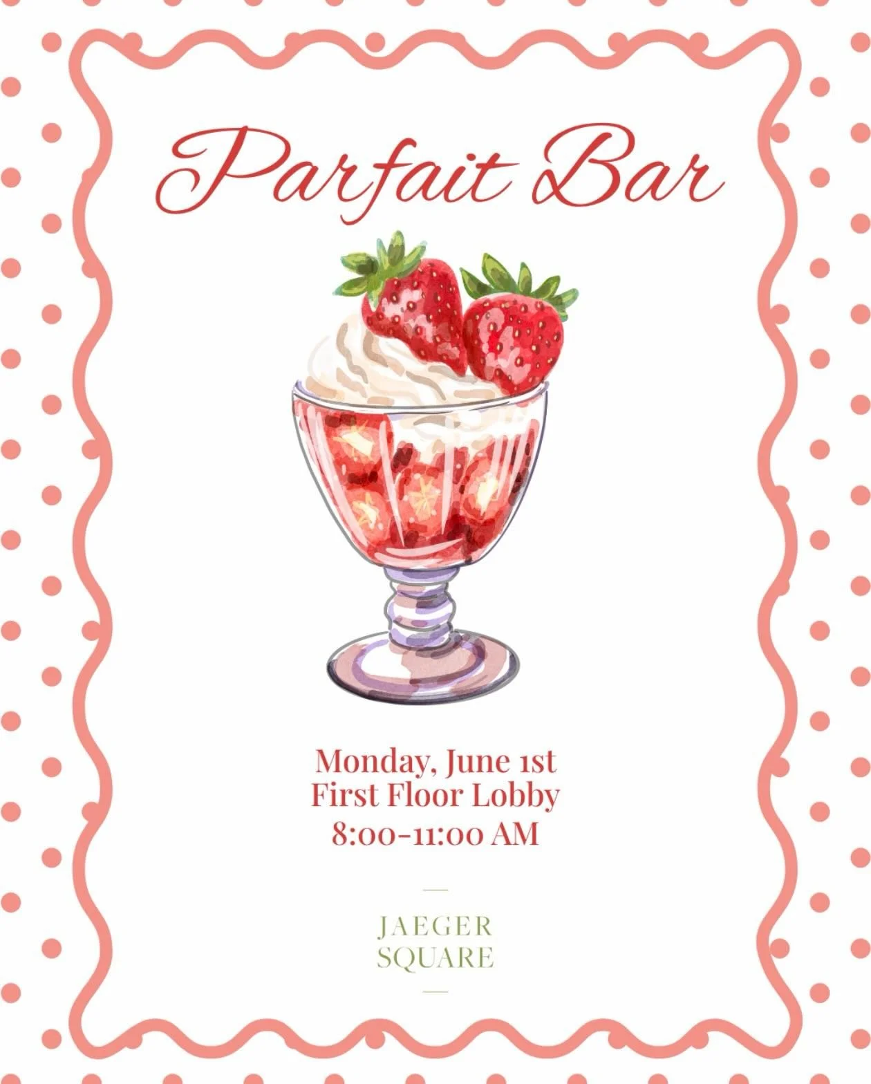 Don&rsquo;t forget to join us tomorrow morning for our parfait bar! We will have a selection of different yogurts, fruits, granola and toppings. No better way to start the week! 🍧🍓

First floor lobby from 8-11 AM!

#jaegersquare #residentevents #pa