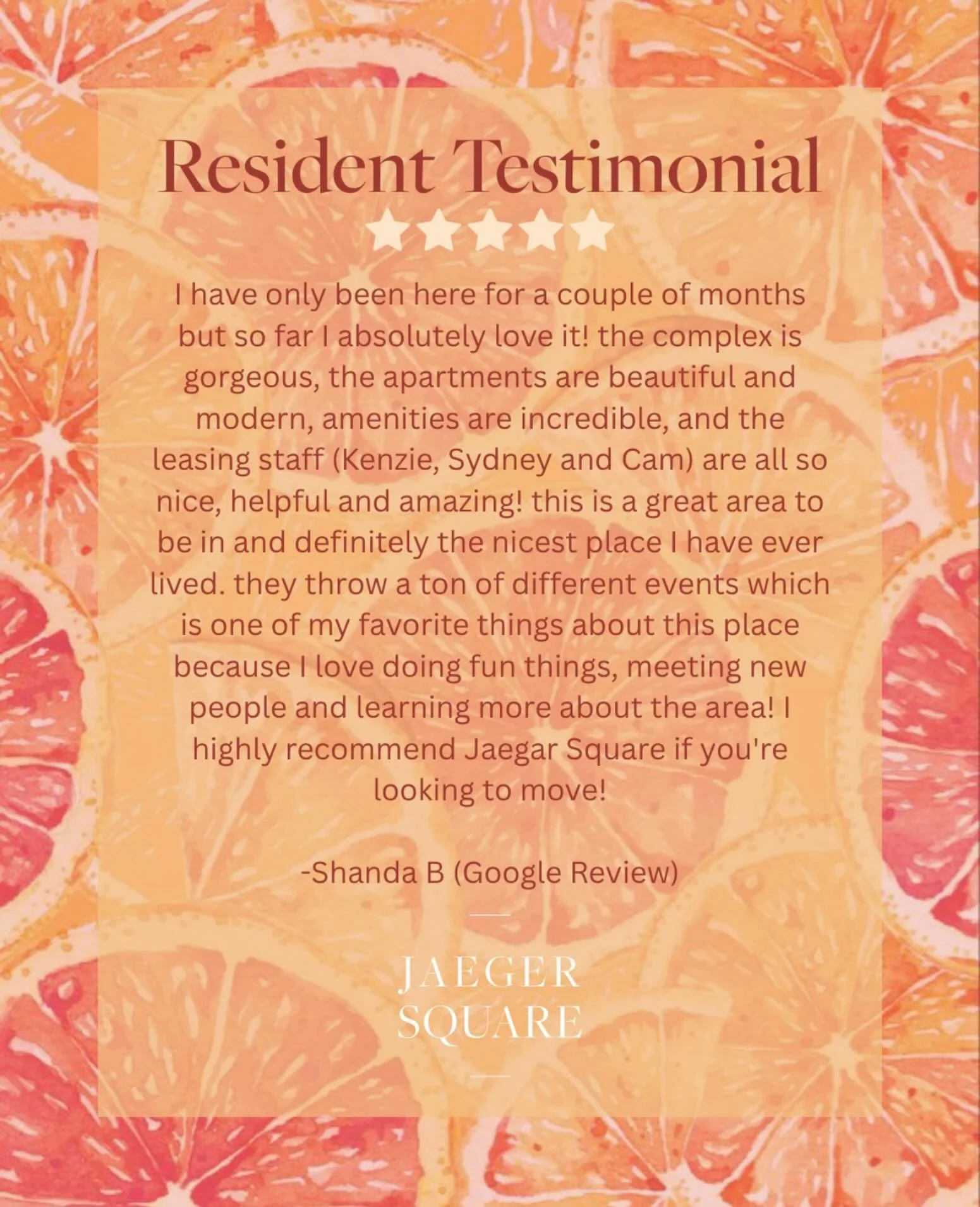 Thank you, Shanda for the kind words! 🍋&zwj;🟩🤍

We love putting on events for our residents every month and hanging out. We always try to do 1-3 events per month! 🩷🥂

Schedule your tour of at jaegersquare.com to see everything our community has 