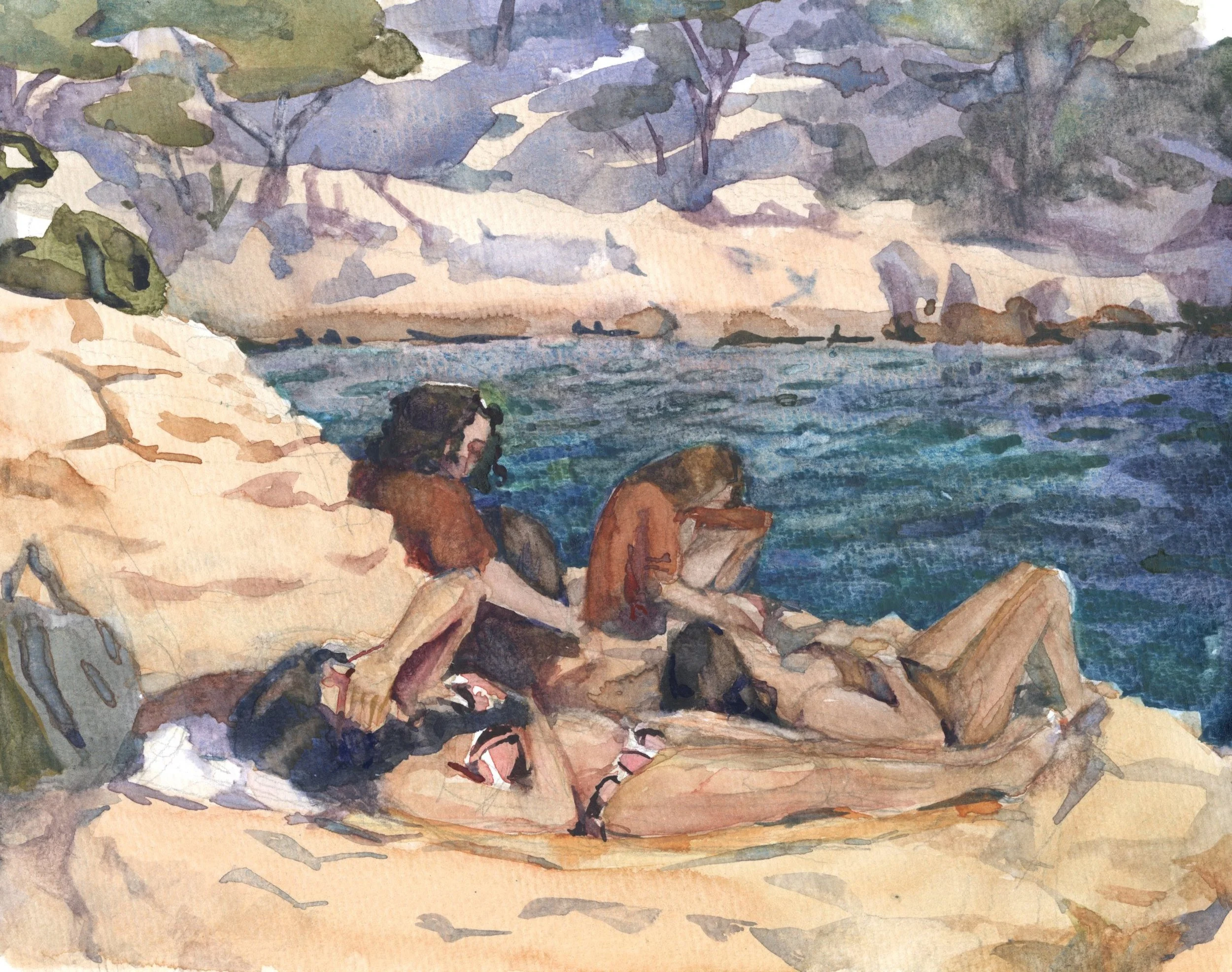 Cassis Sunbathers, Watercolor on Paper, 7.75 in. x 9.75 in., 2024.