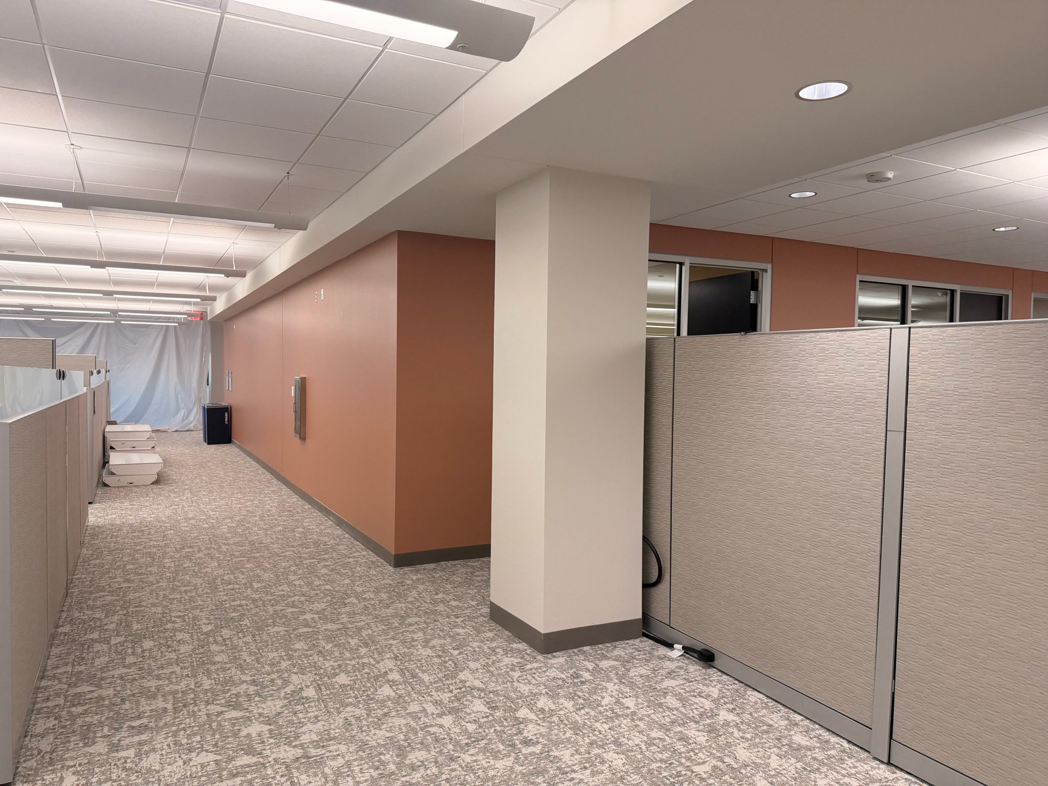 An office cubicle area with beige partitions, a white pillar, drop ceiling with fluorescent lights, and a carpeted floor. There is a black trash bin and some paper trays in the corridor.