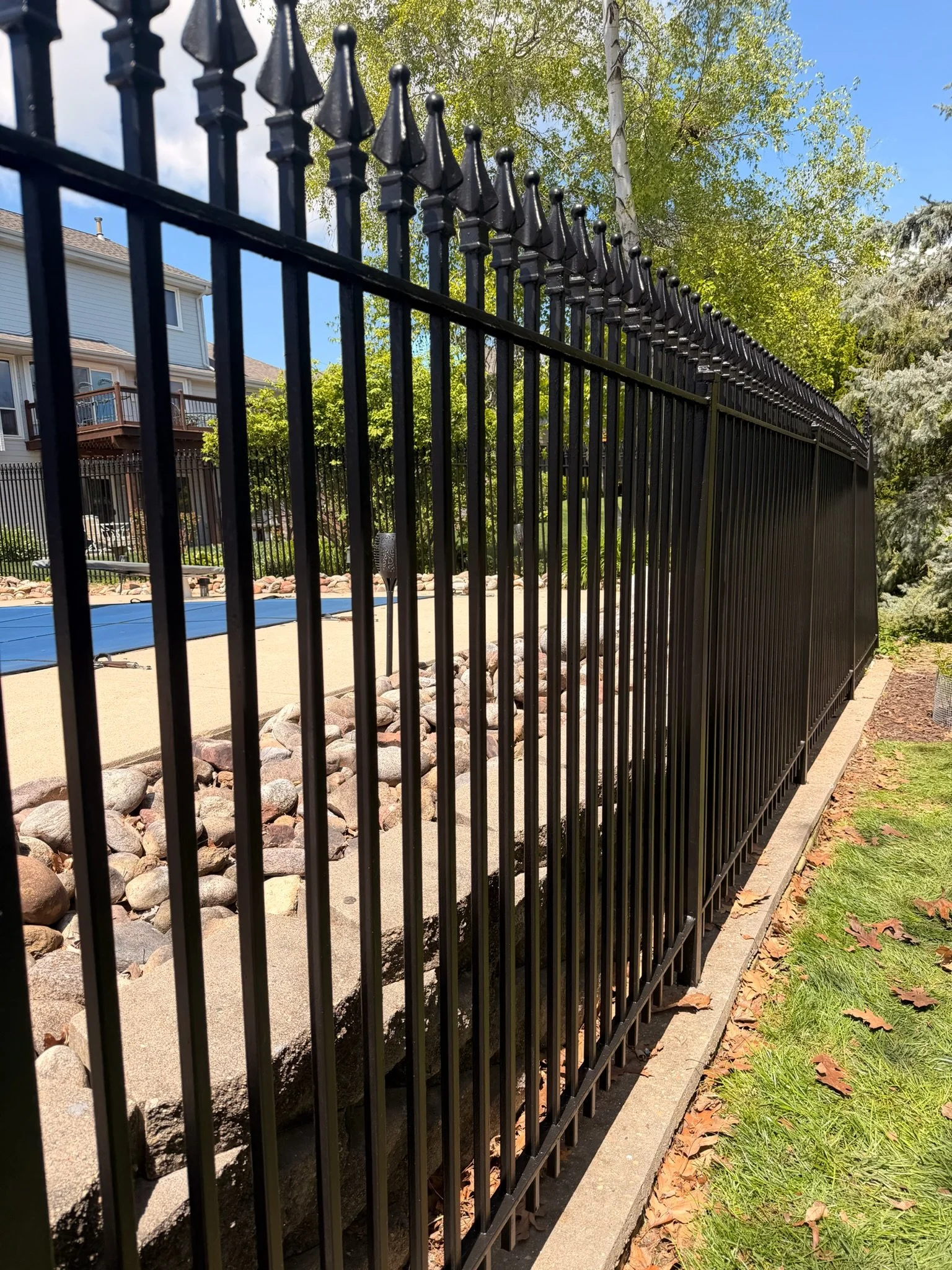 Black metal fence with pointed finials surrounding a yard with rocks, trees, and a blue swimming pool in a suburban neighborhood.