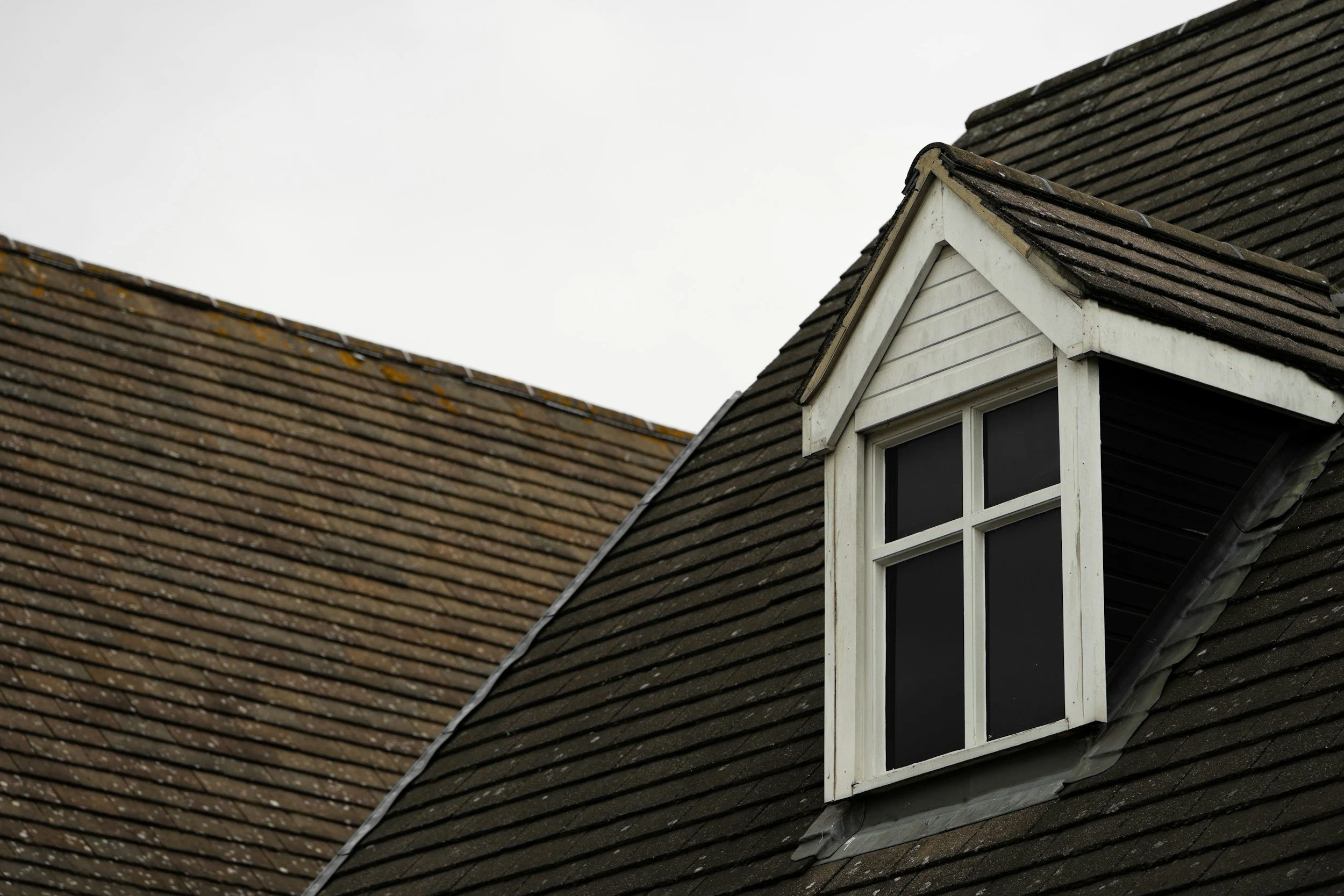 Close-up of a house roof with brown shingles and a dormer window with a white frame and divided panes.
