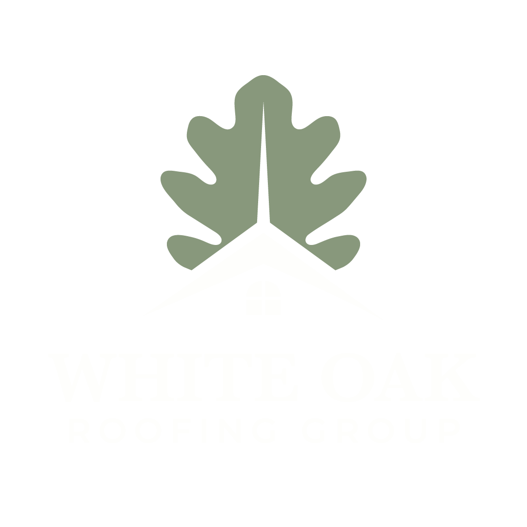 Logo for White Oak Roofing Group featuring a stylized white house roof with an oak leaf in the background.