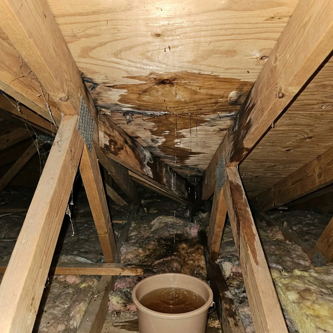 In attic space with exposed wooden beams and insulation, visible water damage and mold on the ceiling, and a bucket placed on the floor to collect leaking water.