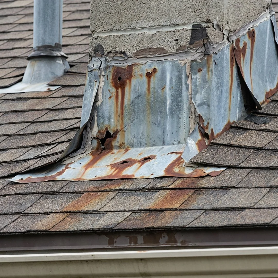 Close-up of a rusty and damaged metal flashing on a shingled roof, with peeling paint and corrosion around a chimney.