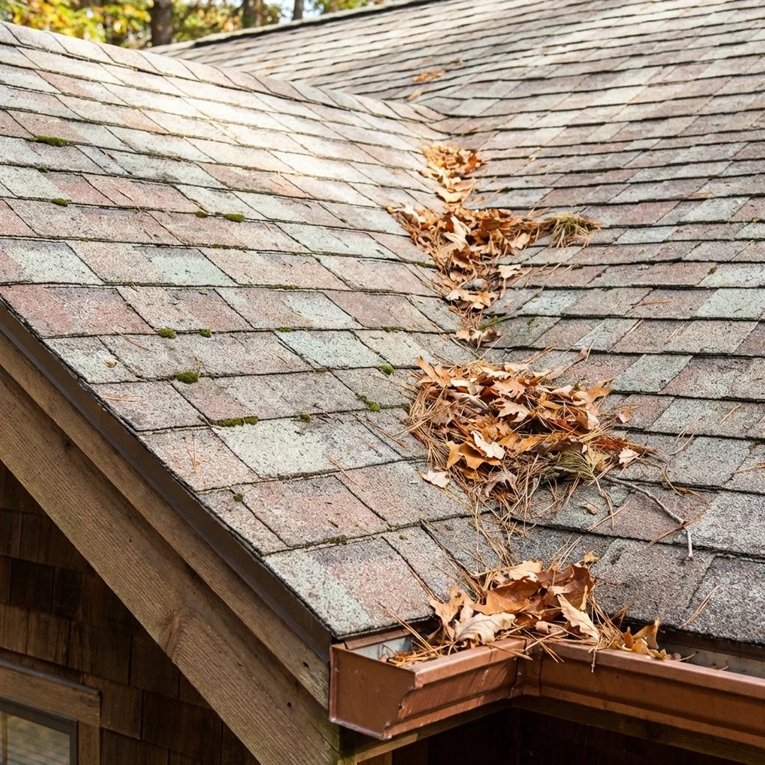 A roof with asphalt shingles has a pile of fallen leaves and pine needles accumulated along the gutter.