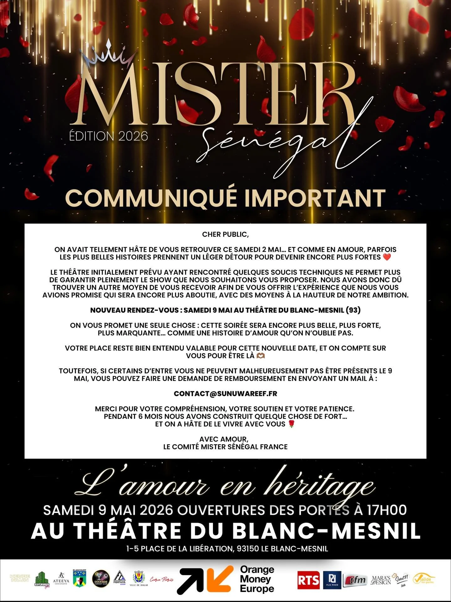Nouvelle date, m&ecirc;me promesse&hellip; encore plus forte ❤️

Rendez-vous le 9 mai 2026 au Th&eacute;&acirc;tre du Blanc-Mesnil
&agrave; partir de 17h ✨

Merci pour votre compr&eacute;hension et votre soutien 🙏🏾
On vous pr&eacute;pare une soir&e