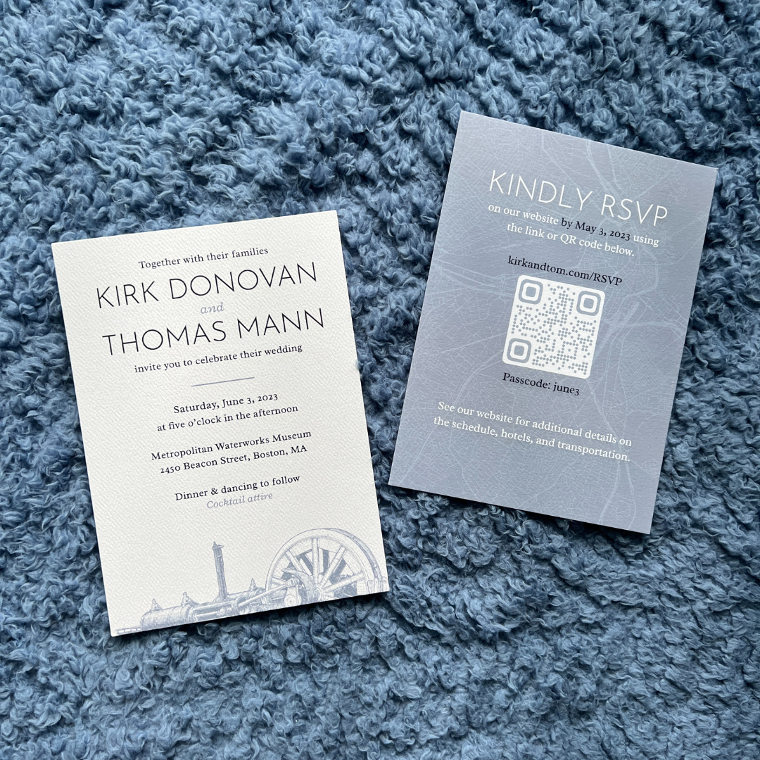 Boston wedding invitation and RSVP card
