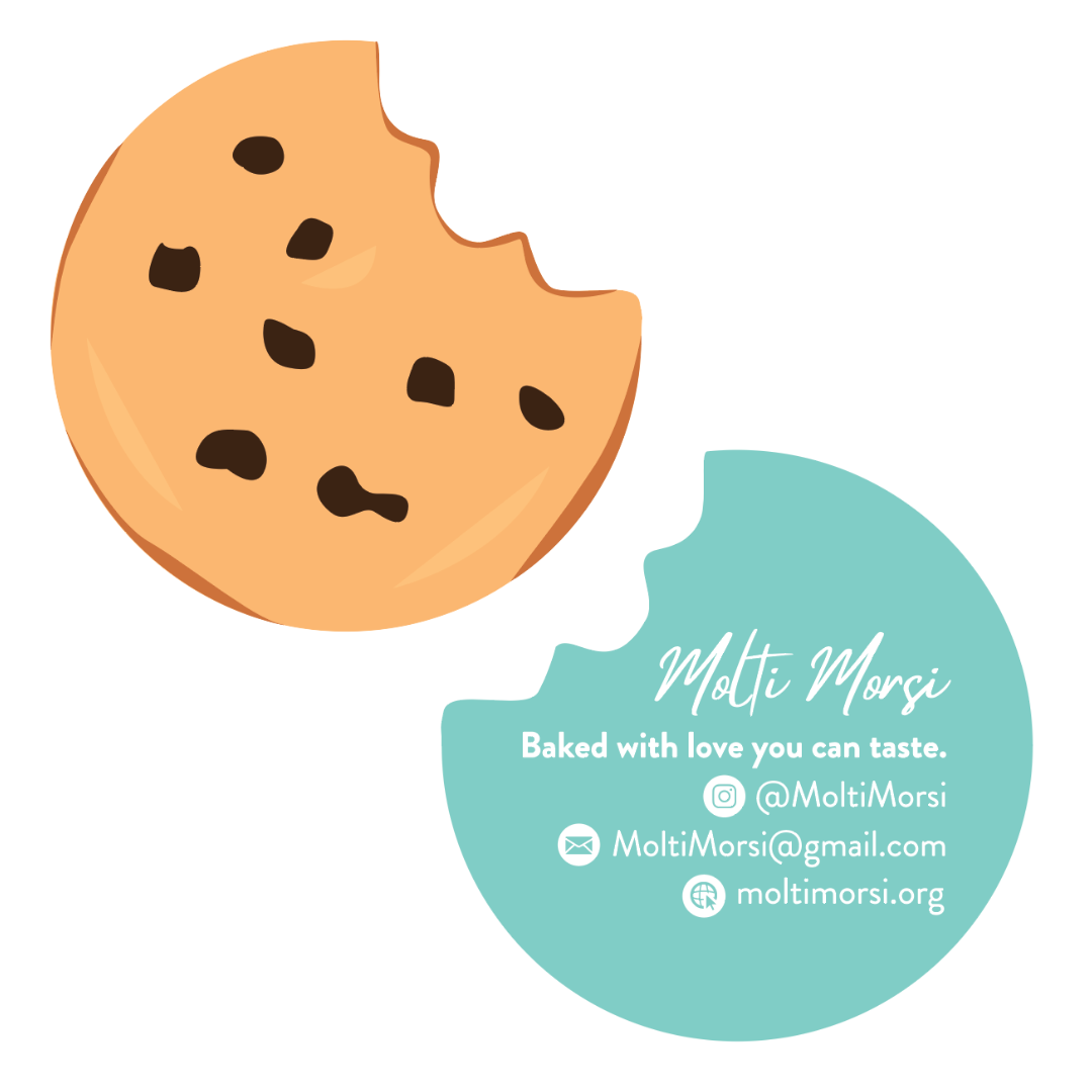 Molti Morsi baker business card designed in the shape of a cookie with a bite taken out of it