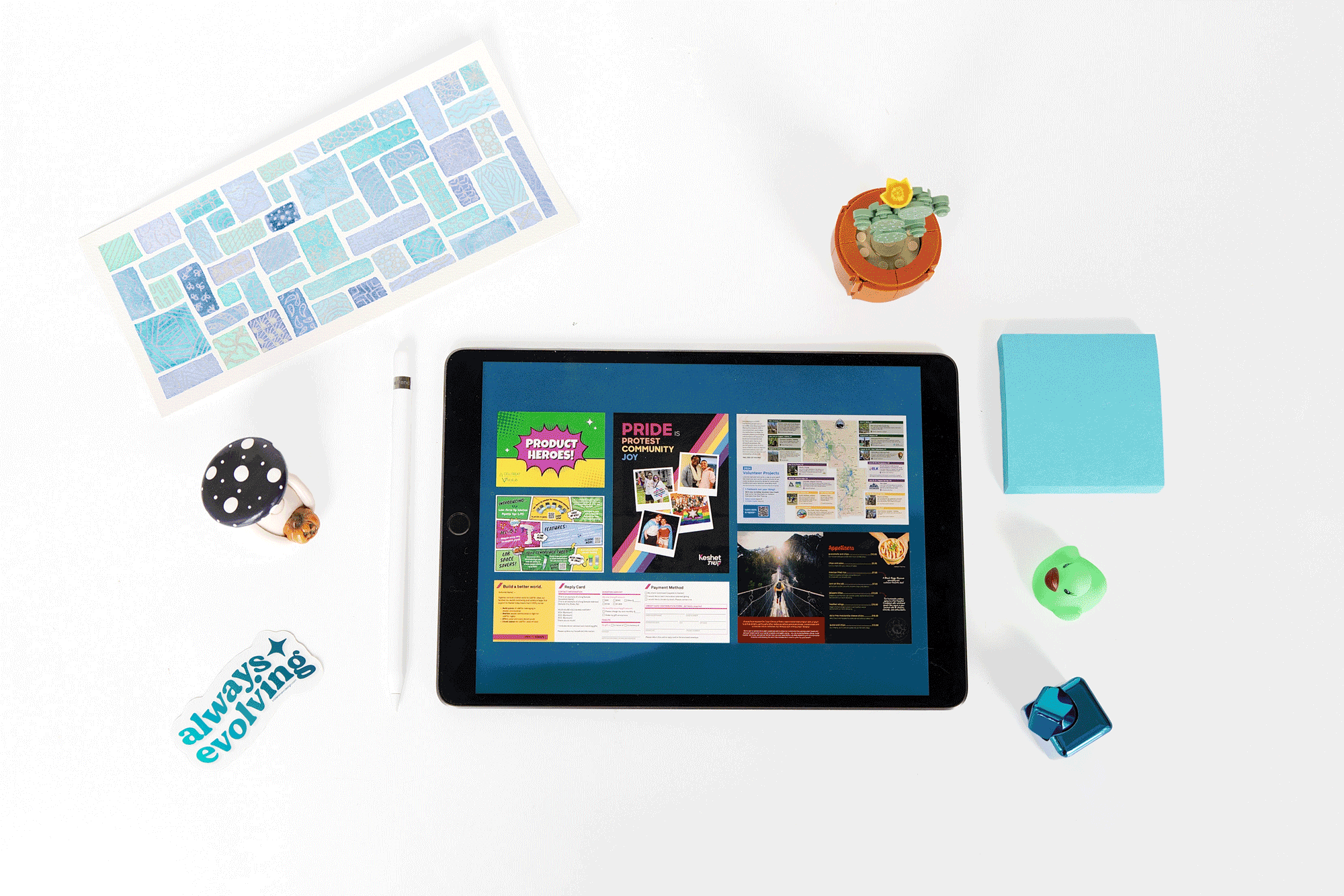 Moving GIF showcasing graphic design work on an ipad on a white background