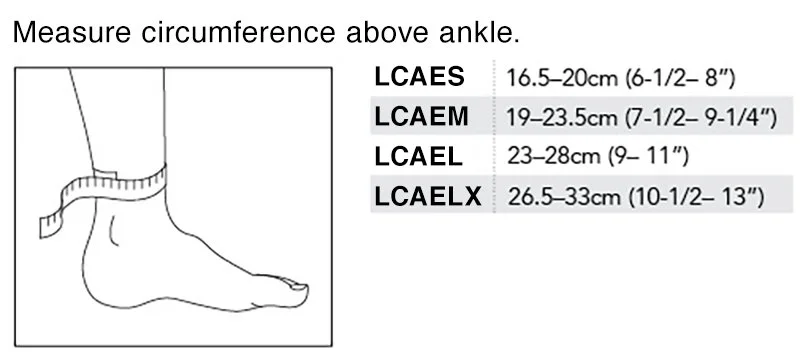 Diagram showing how to measure ankle circumference above the ankle, with four measurement categories and their size ranges.