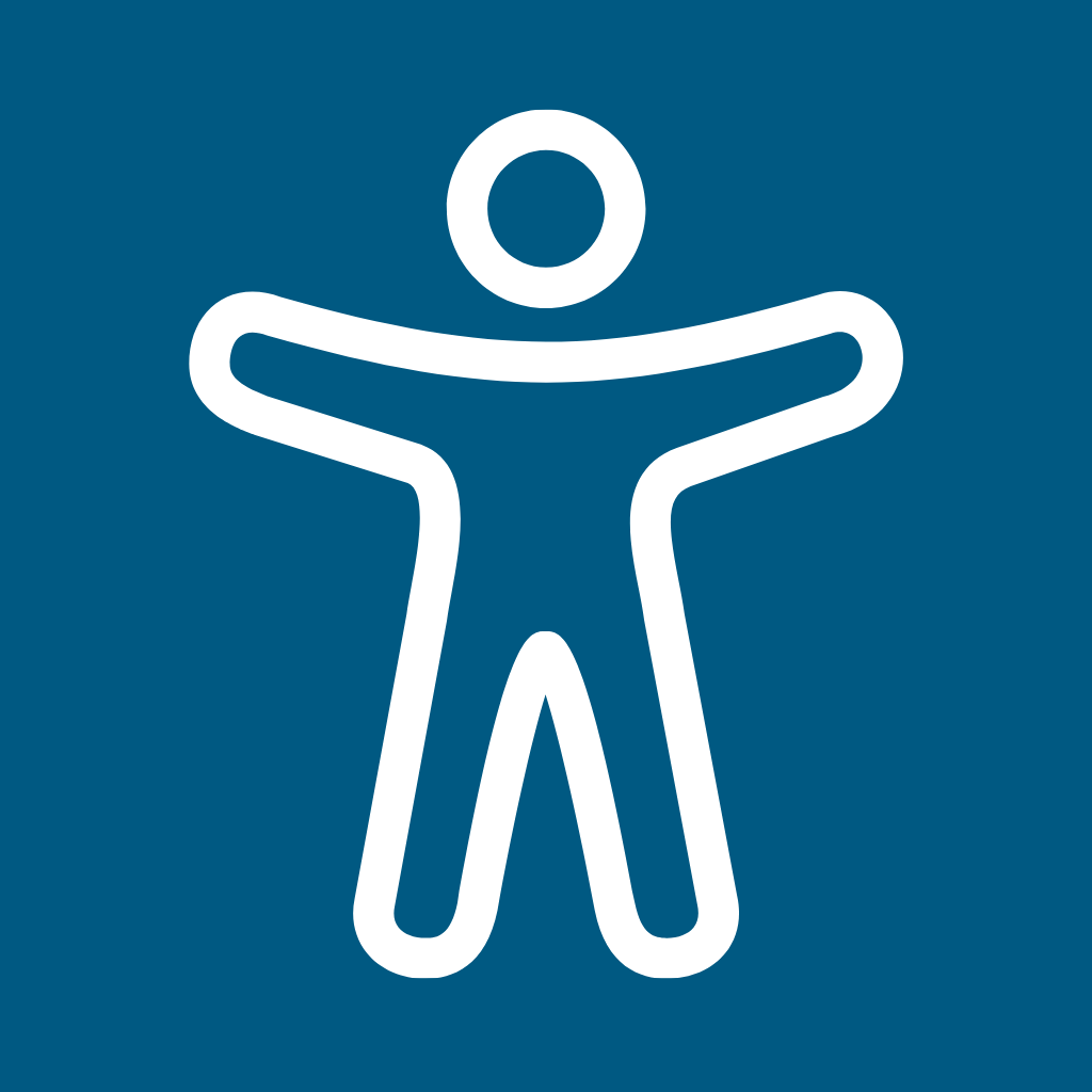 Outline of a human figure with arms outstretched, symbolizing accessibility or help, on a dark blue background.