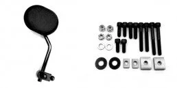 A collection of black screws, washers, and nuts, along with a black-and-white component with a cylindrical part.