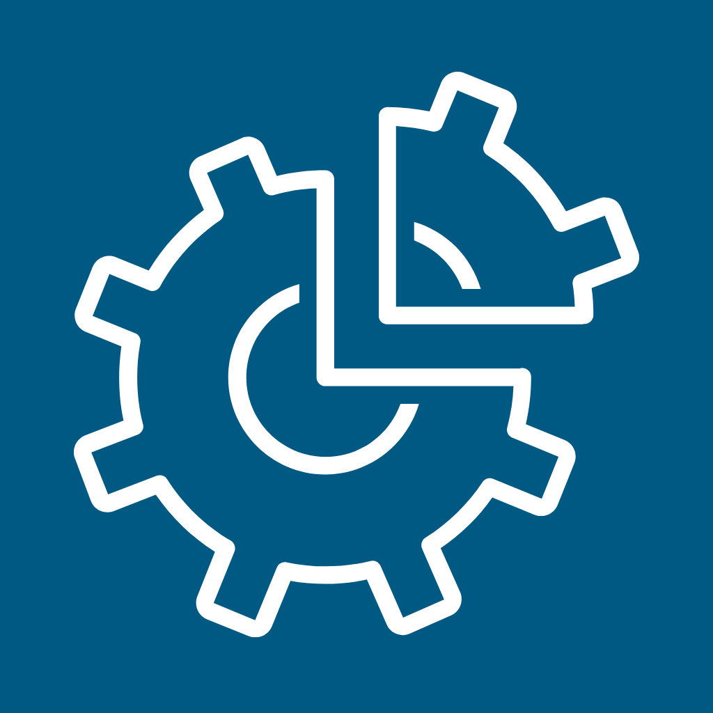 White icon of a gear and clock against a dark teal background.