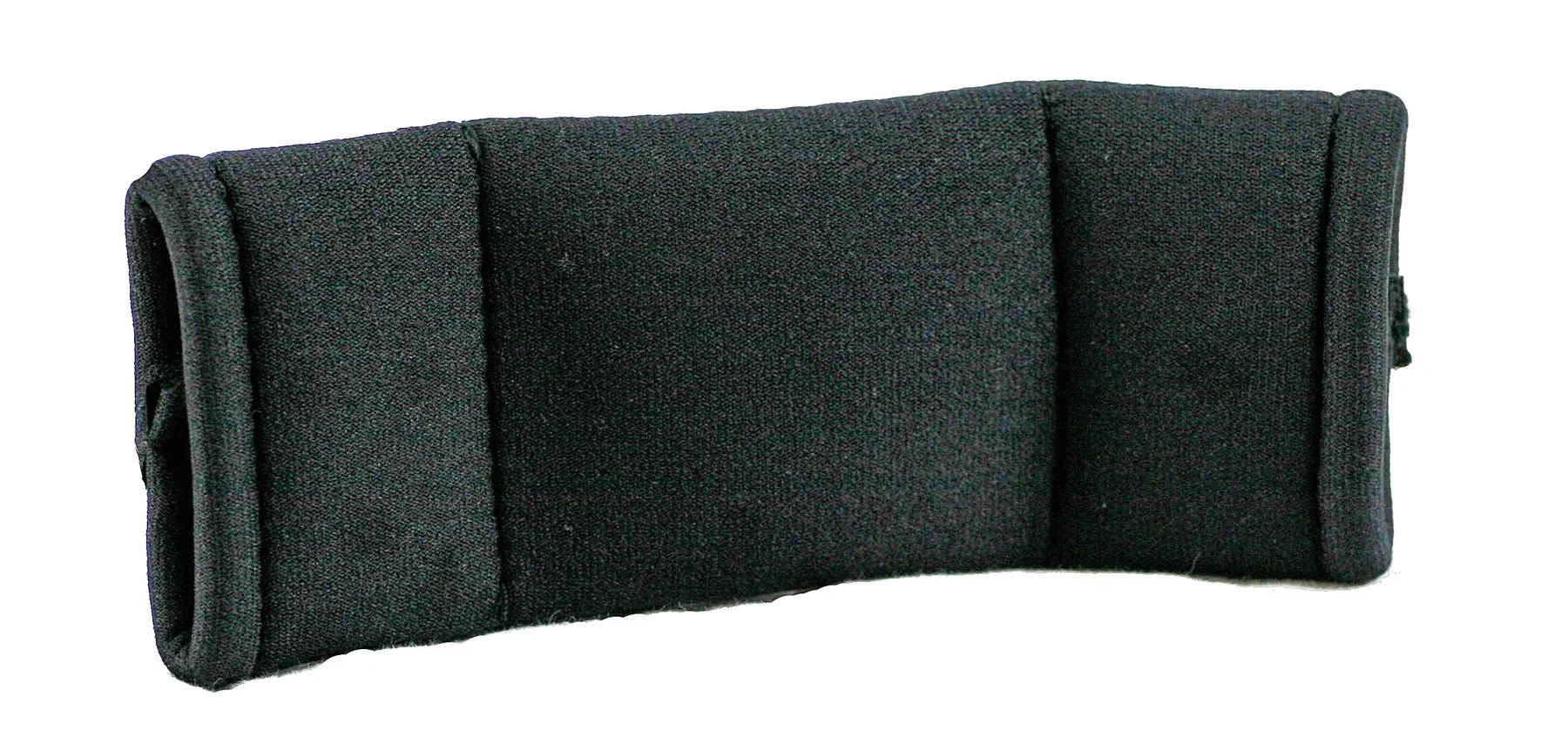 A black, padded, foldable camera sensor or lens cover with a textured fabric surface.