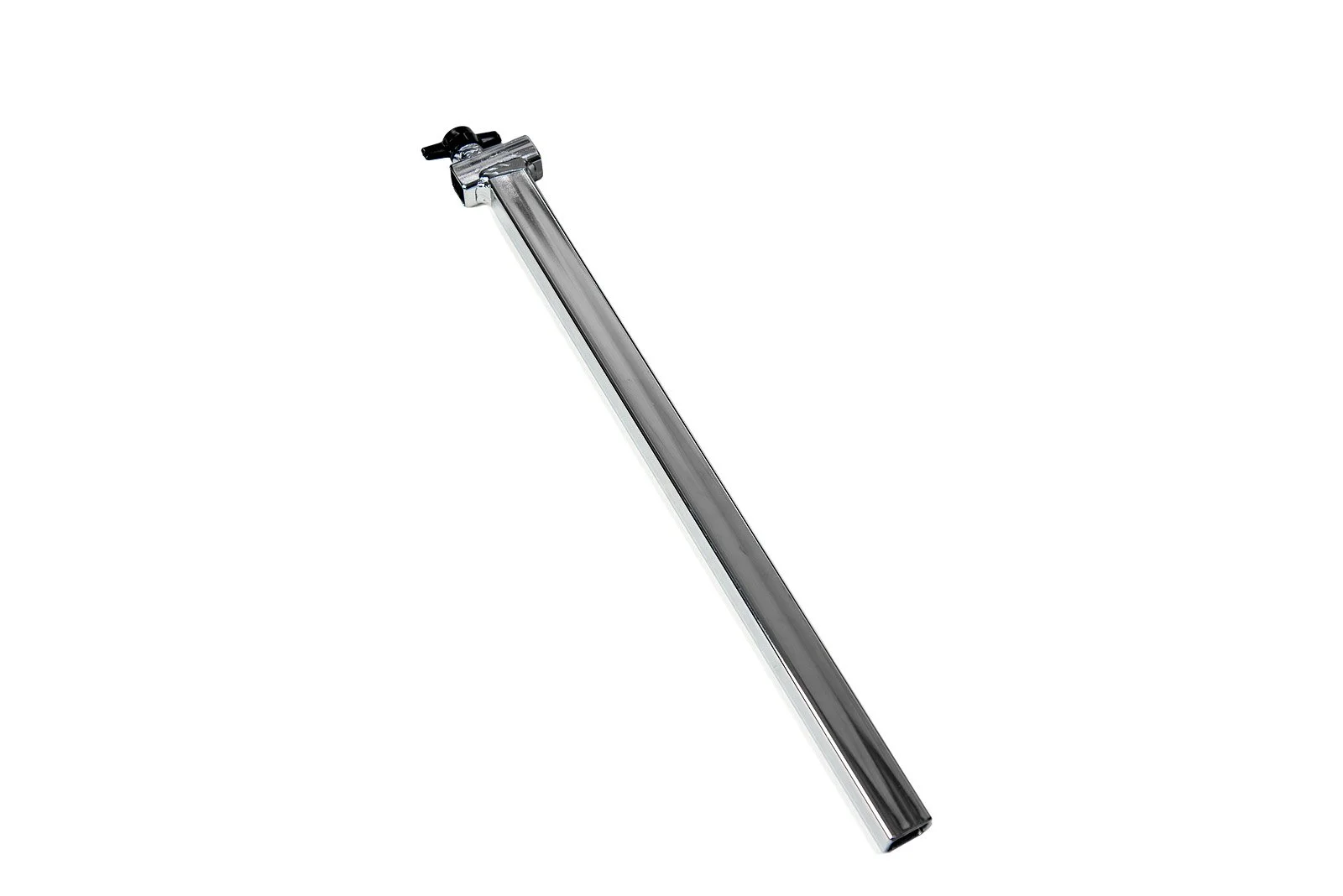 A chrome bicycle handlebar with black grips and a stem against a white background.