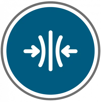 A circular blue sign with white symbols indicating social distancing, showing two arrows pointing away from a central line.