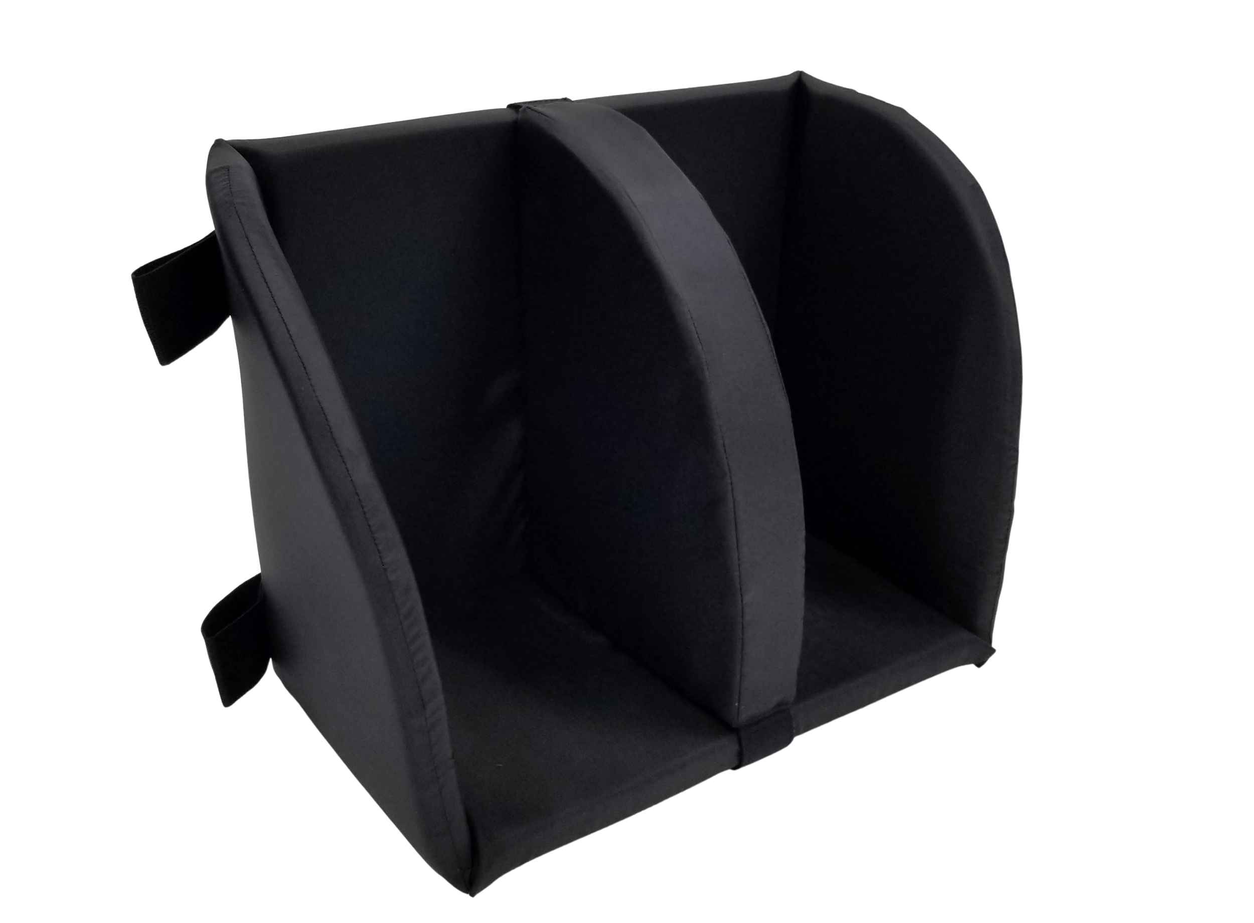 Black padded boxing or punching mitts with finger holes for the trainer's hands.