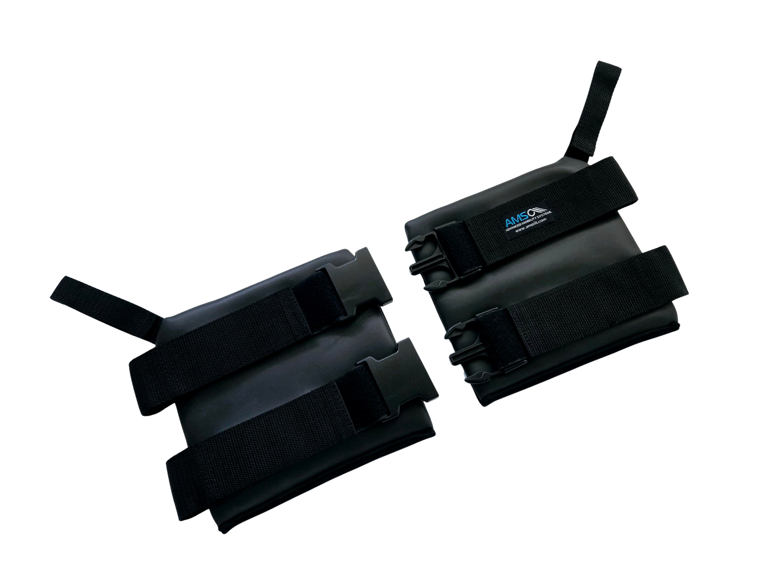 Two black waterproof pouches with adjustable straps, one labeled AMS