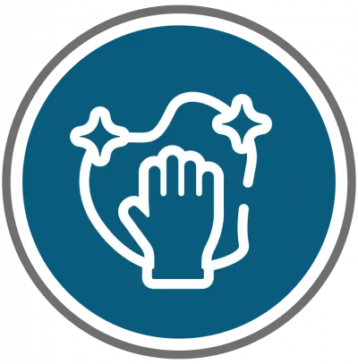 Icon of a hand reaching out with connected stars, symbolizing help or connection, inside a blue circle.