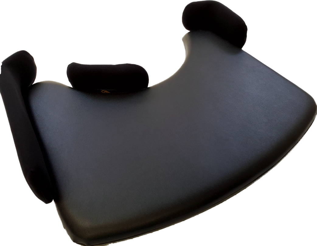 A black ergonomic office chair with a padded headrest and armrests, viewed from a slightly elevated angle.