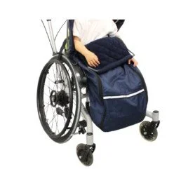 A person sitting in a wheelchair holding a navy blue bag.