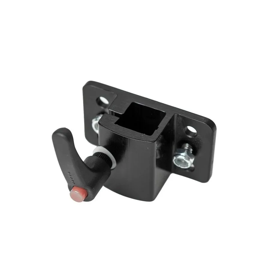 A black wall mount bracket with an adjustable arm and screw for securing a device, against a white background.