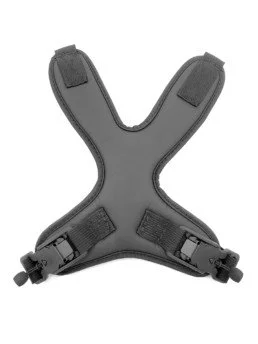A black X-shaped padded harness with adjustable straps and buckles