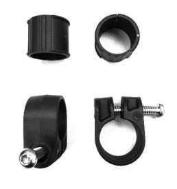 Four black bicycle accessories: upper left and right are handlebar grips, bottom left is a small mounting bracket with a ball joint, bottom right is a clamp with a screw.