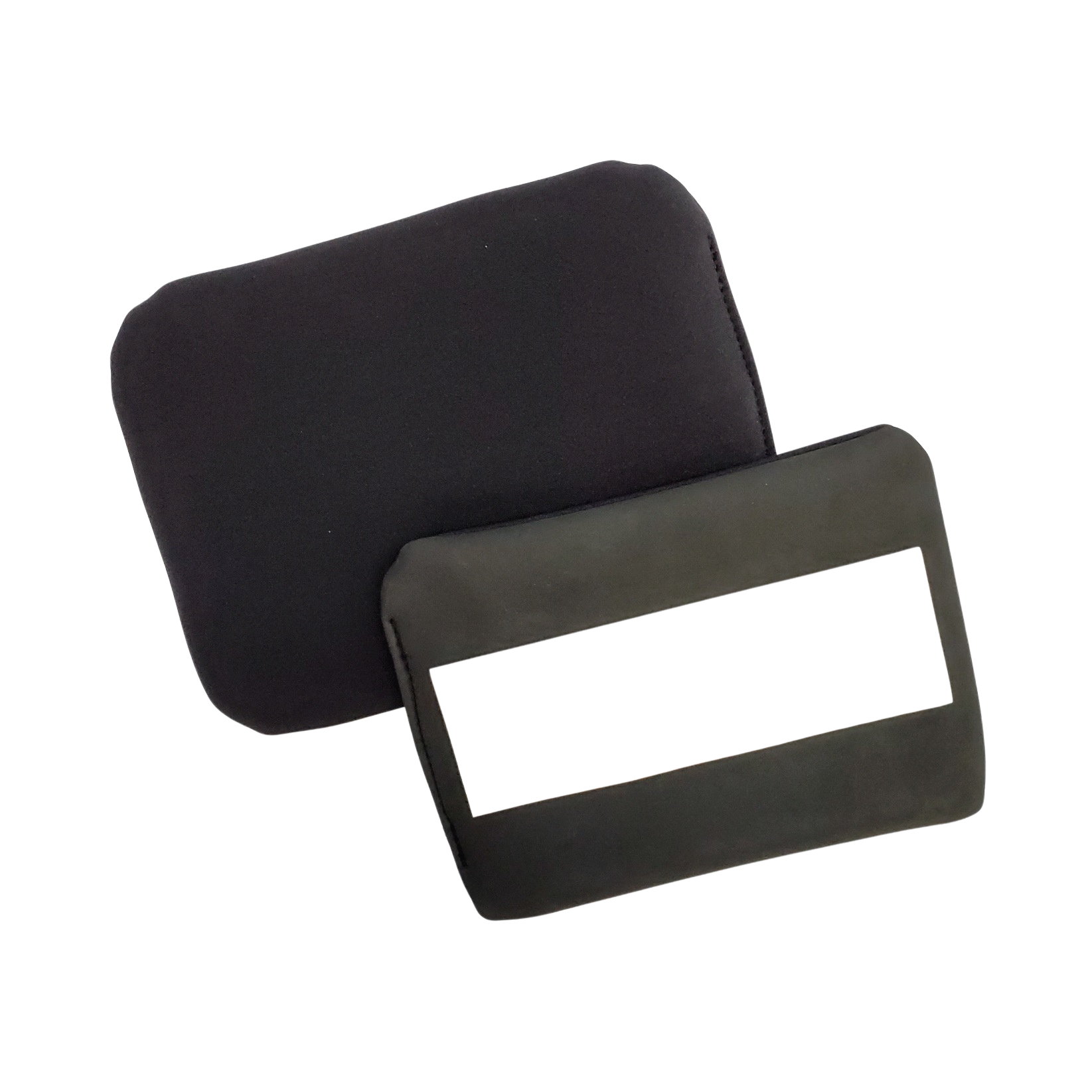 Black office chair with a removable headrest and a gray fabric armrest.