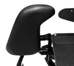 Close-up of a black adjustable armrest attached to a chair.