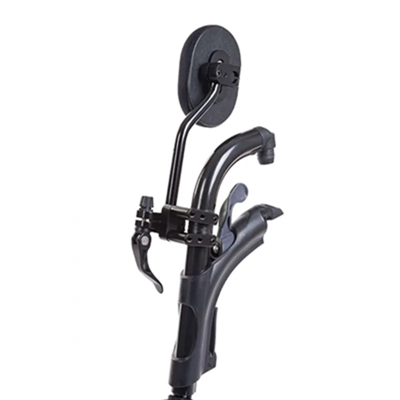 A black trekking pole with a wrist strap and a rubber tip, mounted on a foldable walking stick or cane with a black frame, against a white background.