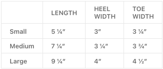 Size chart for shoes showing small, medium, and large with measurements for length, heel width, and toe width.