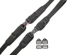 Two black adjustable camera straps with metal hooks and plastic buckle adjusters, along with two small black plastic clips.