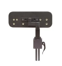 A black camera stabilizer with multiple adjustment knobs and a mounting plate.