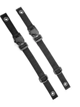 Two black adjustable straps with plastic buckles and snap buttons.