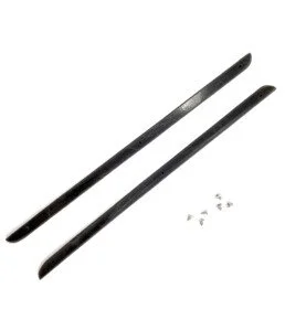 A pair of black ice hockey sticks with screws and small parts.