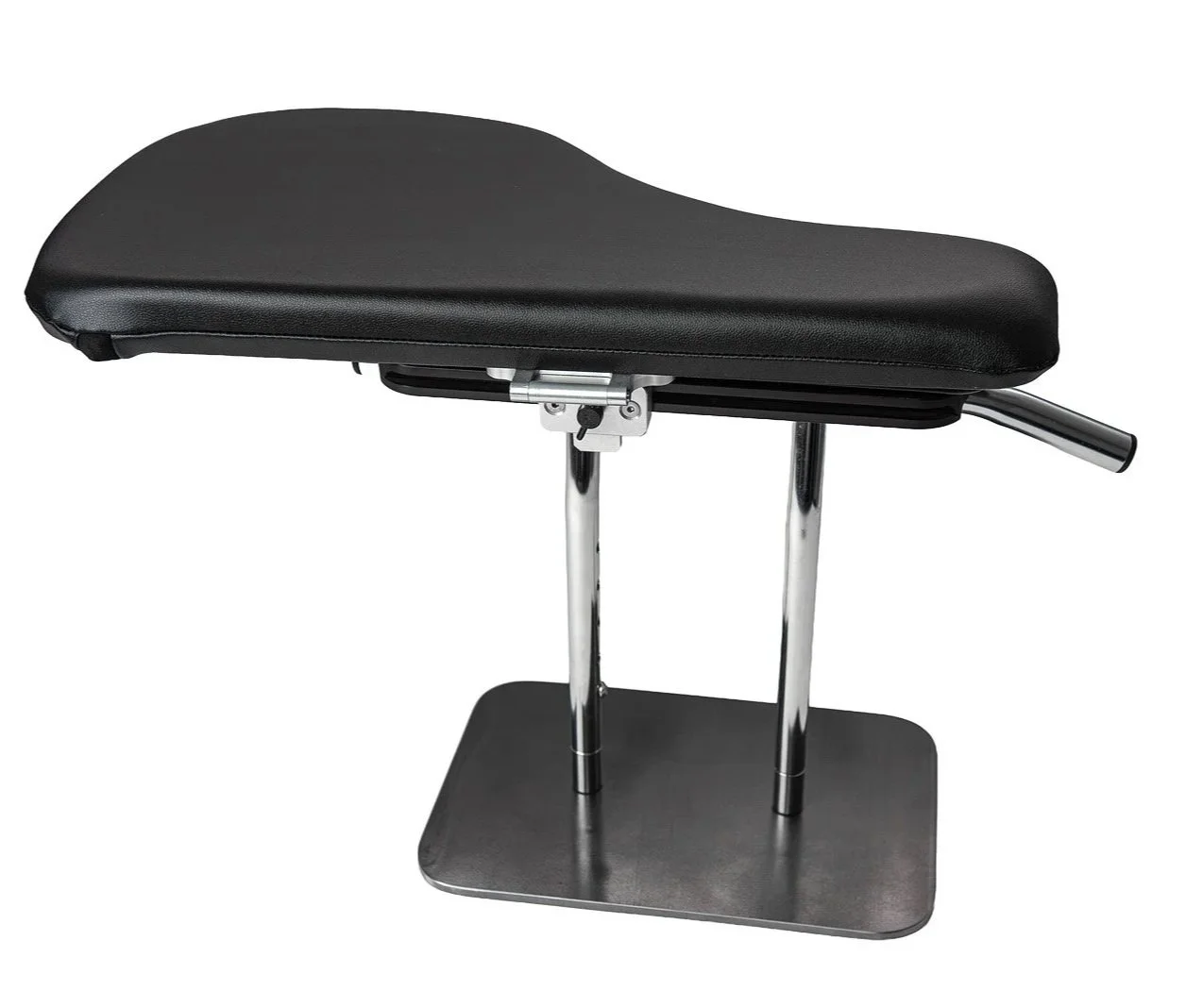 A massage table with a black padded surface, supported by metal legs and a flat base.