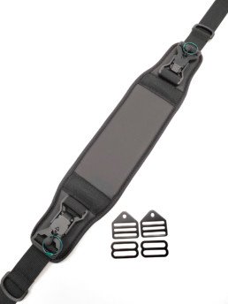 Black adjustable camera strap with a rectangular transparent window and four small black mounting brackets.