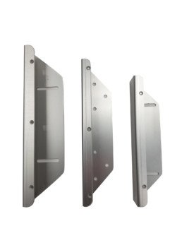 Three metal brackets or mounting hardware parts in different sizes against a white background.