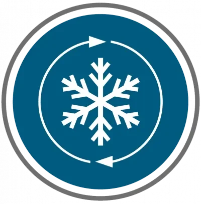 A snowflake icon inside a blue circle with a circular arrow around it, indicating snowflake rotation.